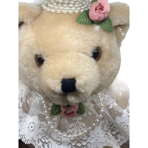 Plush Bride Teddy Bear 12" Wedding Outfit Jewelry Bouquet Posable Arms Legs VTG - Picture 4 of 9